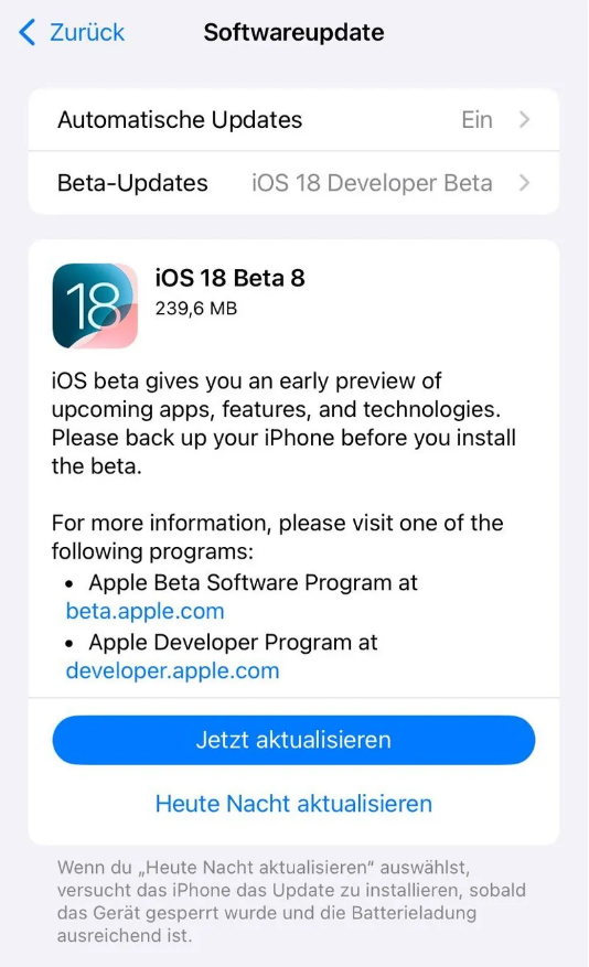 宝鸡苹果手机维修分享苹果 iOS / iPadOS 18 开发者预览版 Beta 8 发布 